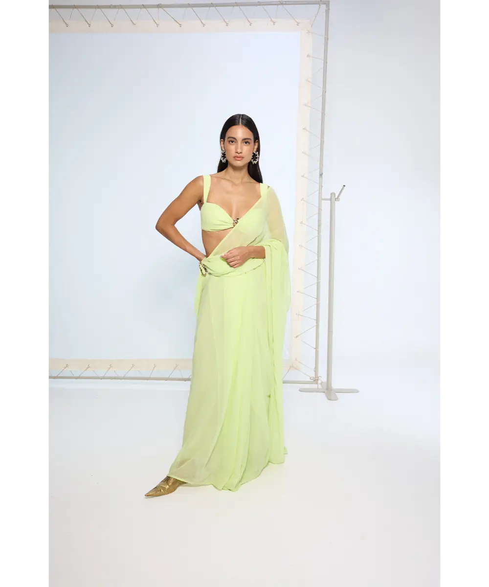 EKAYA BANARAS - Lime Green Brooch Saree